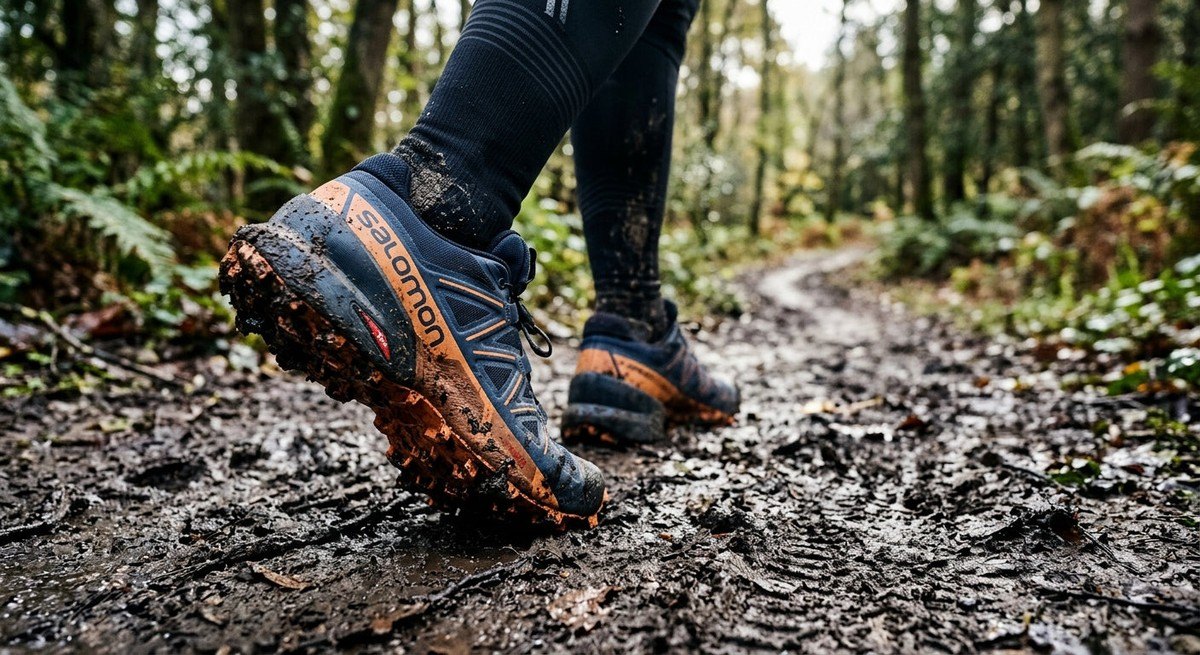Close up of rugged trail running shoes with deep rubber lugs on a muddy path