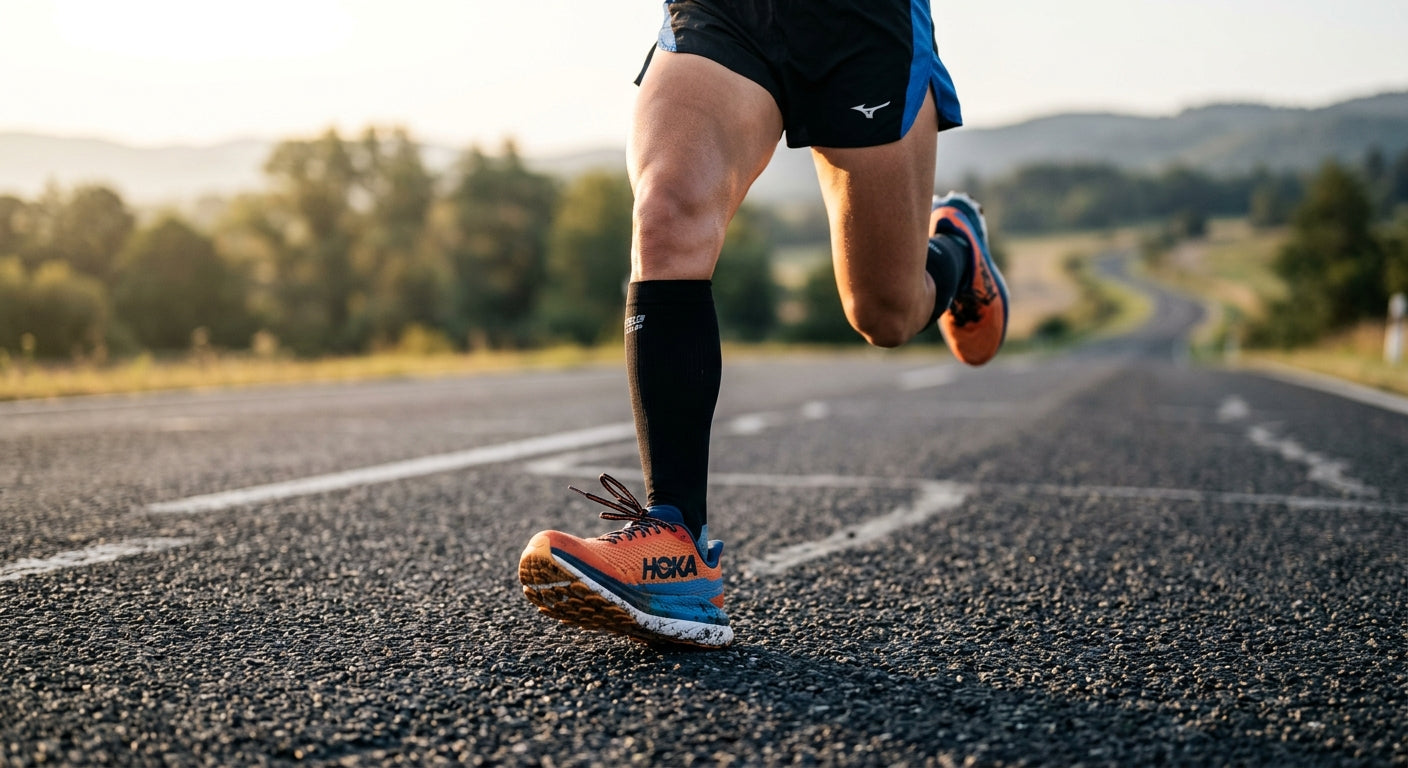 Close up of running shoes and split shorts during a fast stride on the road with sharp fine details
