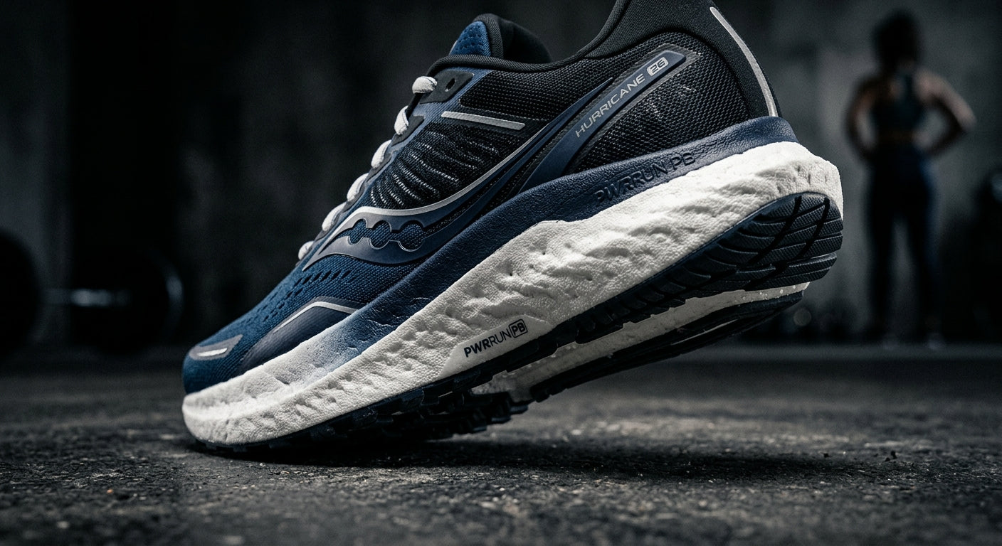 Close-up of Saucony Hurricane 26 footwear showing detailed texture of the dual-density foam midsole in a moody, high-contrast studio setting.