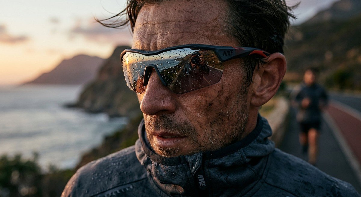 Close-up of sleek athletic sunglasses showing advanced lens geometry and hydrophobic coating textures under cinematic lighting.