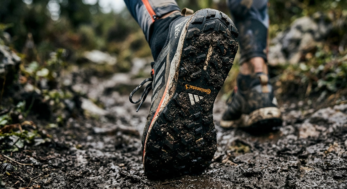 Close-up of the Adidas Agravic Speed Ultra Evo outsole showing the intricate Continental rubber lug pattern in mud.