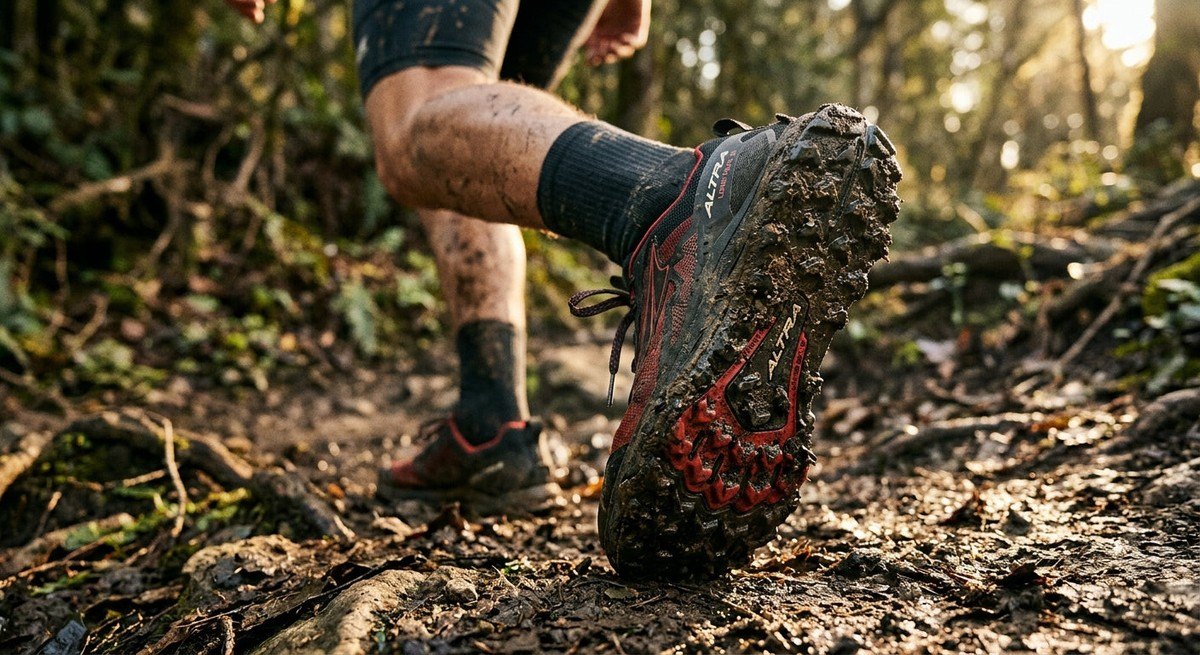Close-up of the Altra Lone Peak 10 outsole showing detailed lug patterns with realistic mud textures and cinematic lighting.