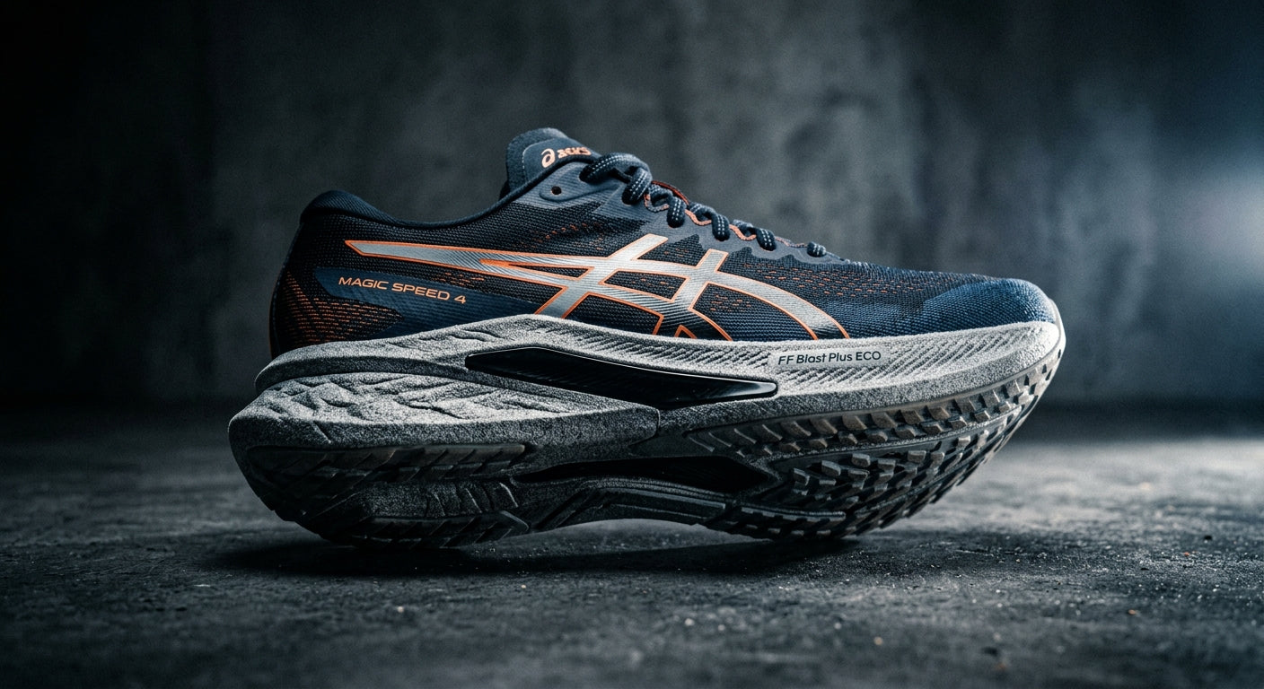 Close-up of the ASICS Magic Speed 4 footwear, highlighting the rigid plate structure and textured midsole foam in a moody, high-contrast studio environment.