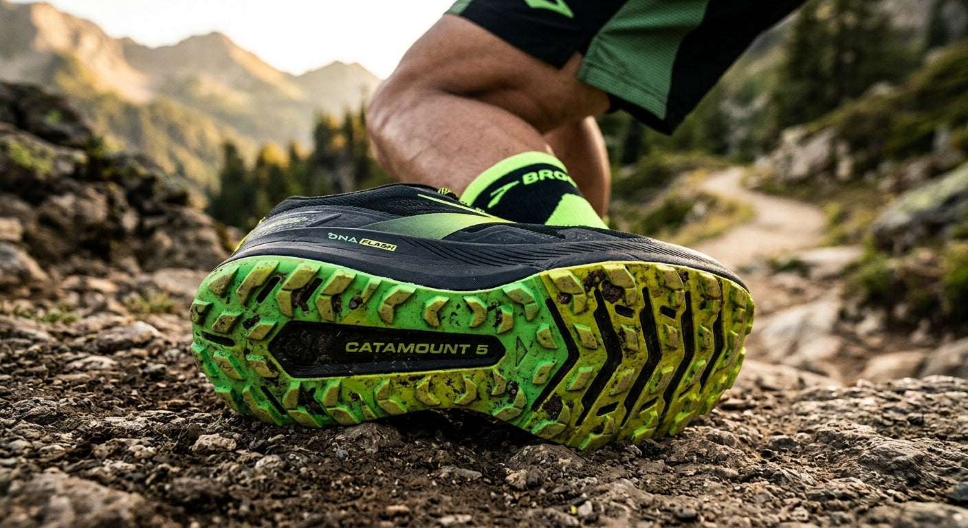 Close-up of the Brooks Catamount 5 midsole and outsole texture, showcasing the high-performance rubber lugs and sleek technical design.