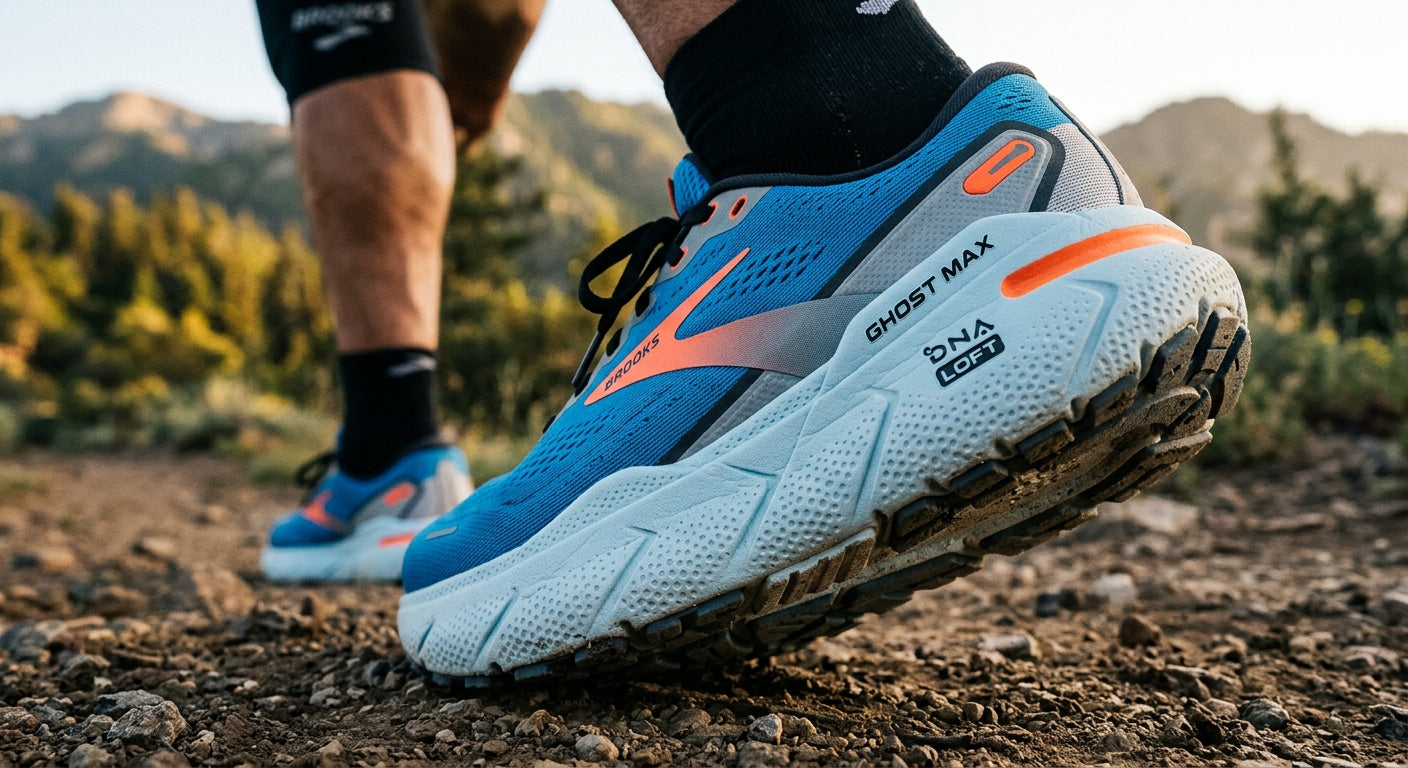 Close-up of the Brooks Ghost Max 4 midsole technology showing the nitrogen-infused foam texture and structural geometry.