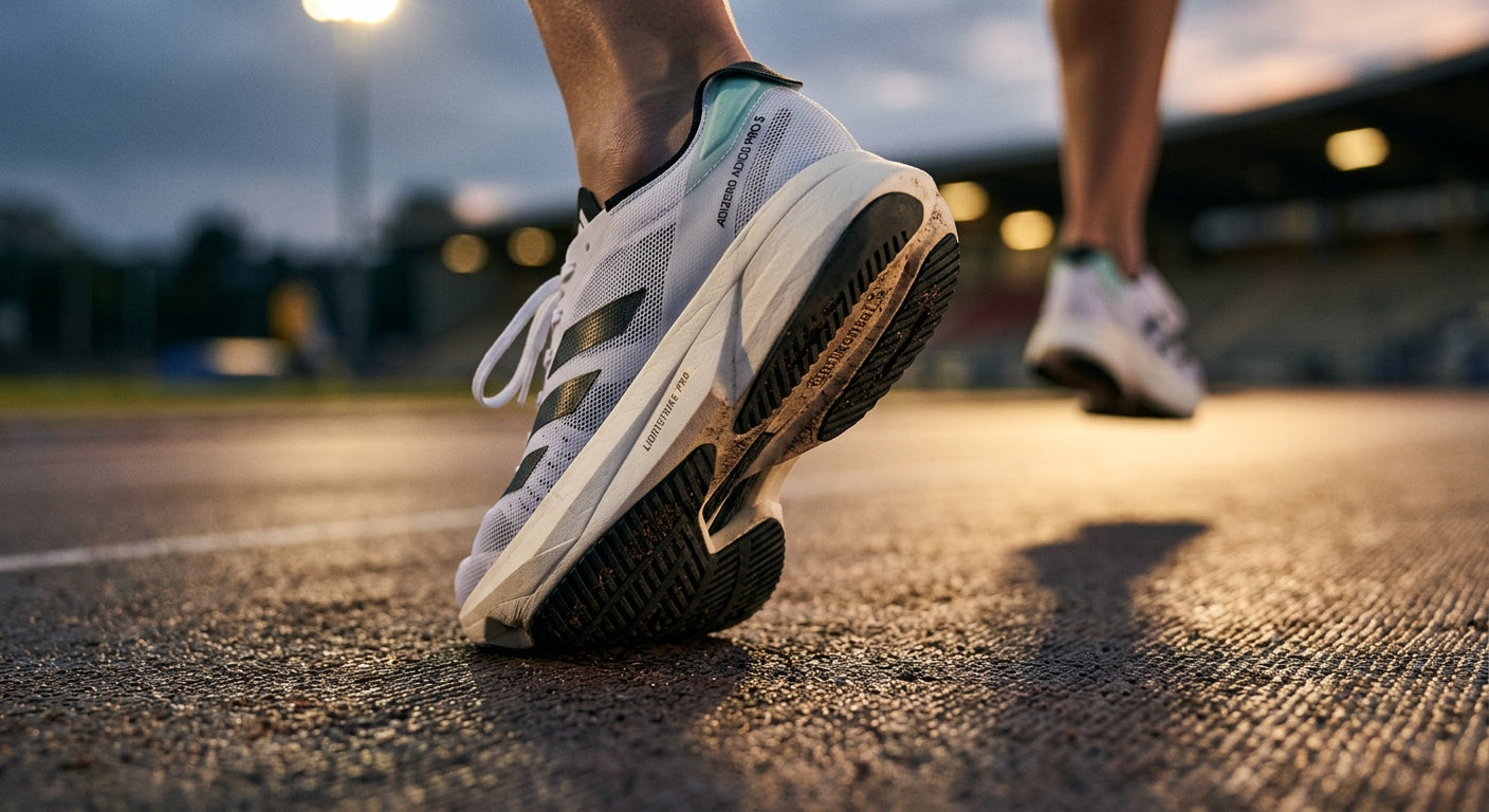 Close-up of the carbon-infused sole architecture and midsole texture of the Adidas Adizero Adios Pro 5 in cinematic lighting