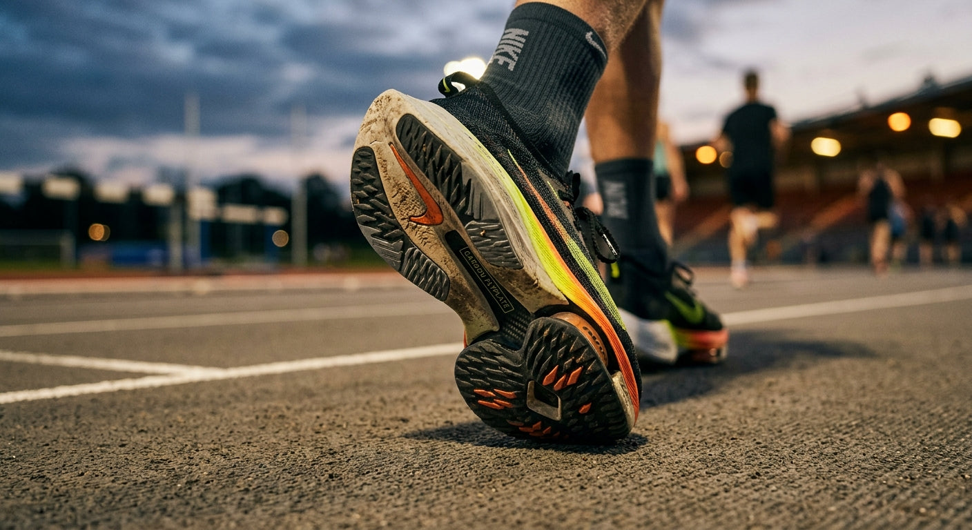 Close-up of the carbon-plate sole of a high-performance running shoe, highlighting the intricate geometry and textured rubber traction.