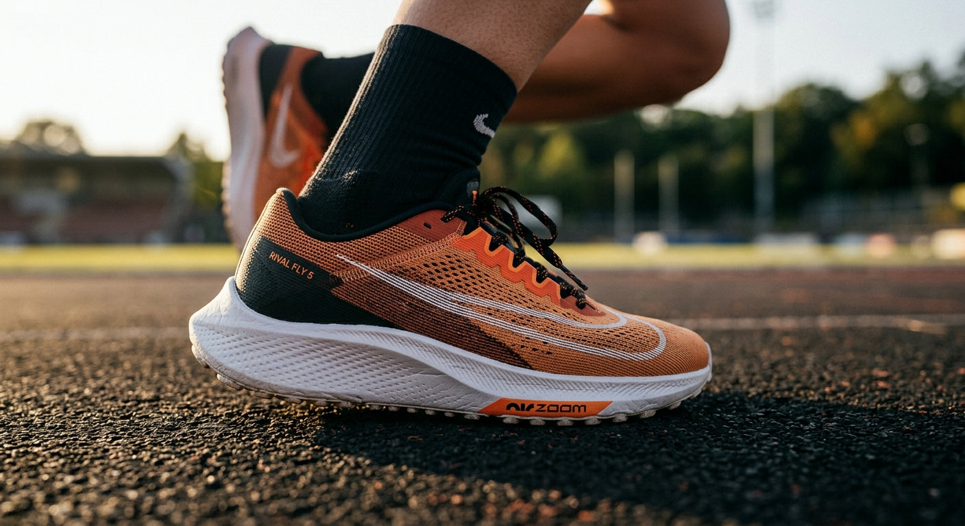 Close-up of the engineered mesh upper and midsole texture of the Nike Rival Fly 5, capturing fine details and material quality.