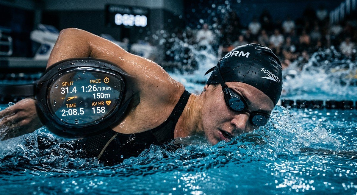 Close-up of the Form Smart Swim 2 lens displaying real-time performance data with sharp, cinematic focus and realistic textures.