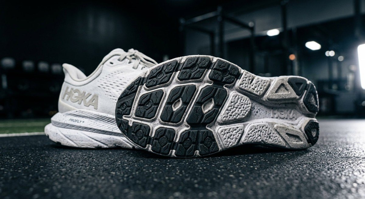 Close-up of the Hoka Mach 7 outsole showing the detailed rubberised tread pattern and the texture of the supercritical foam midsole under sharp studio lights.