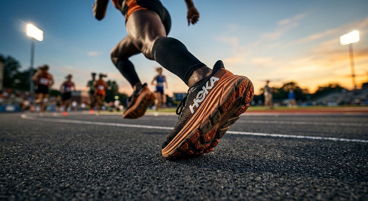 Close-up of the Hoka Rincon 5 midsole foam texture and high-abrasion rubber outsole lugs during a high-speed athletic sprint.