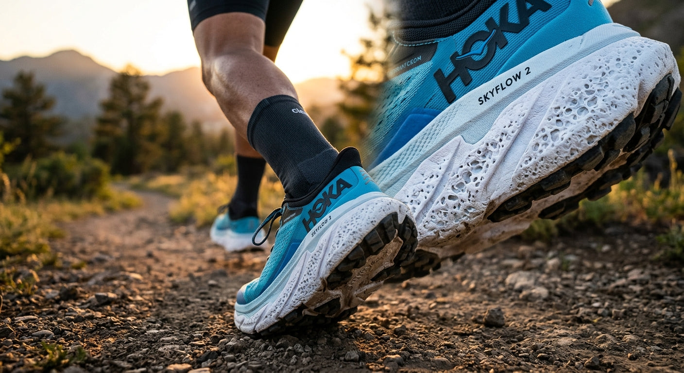 Close-up of the Hoka Skyflow 2 midsole showing the detailed texture of the new super-critical foam compound.