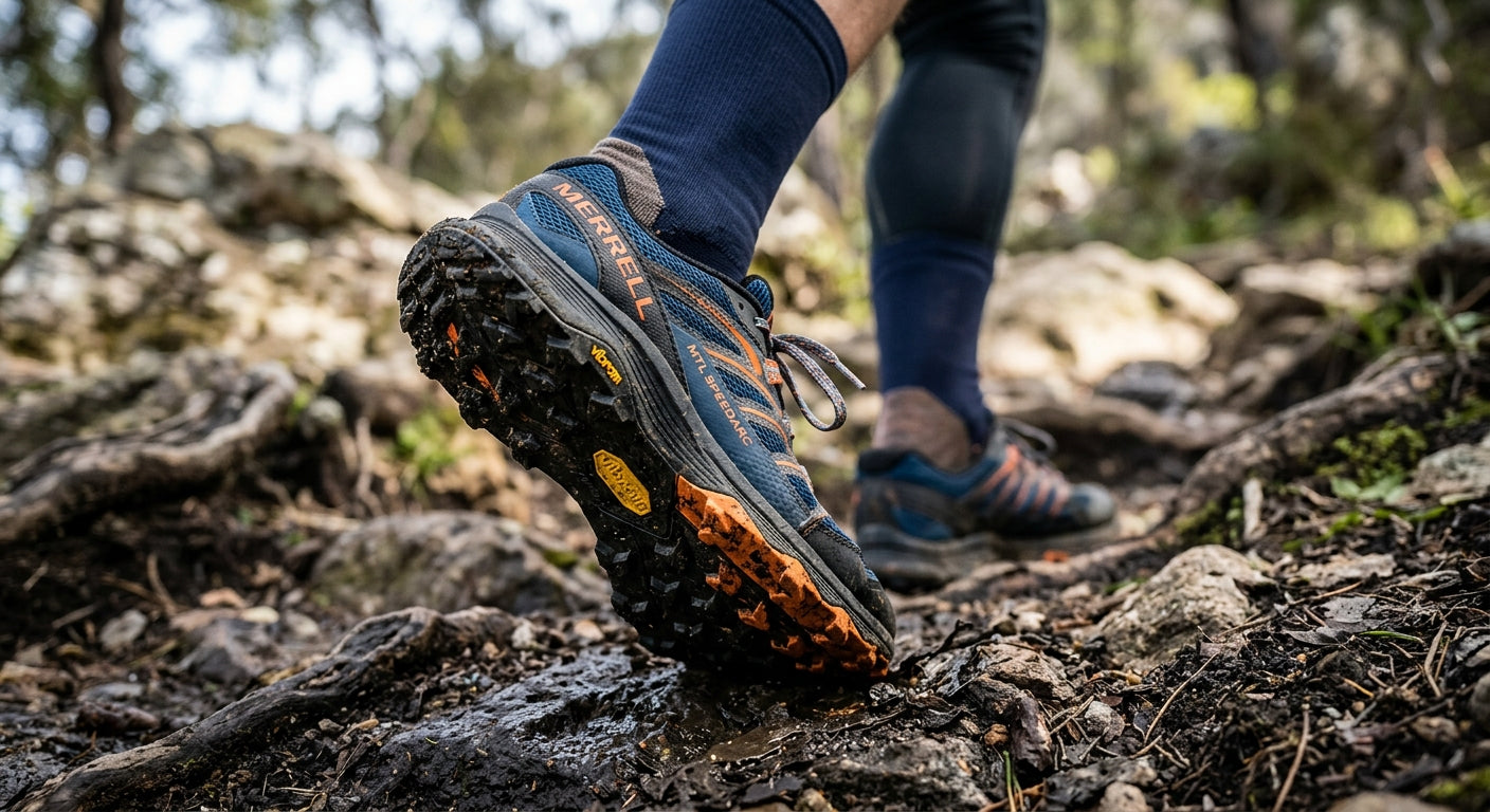 Close-up of the Merrell MTL SpeedARC Peak outsole texture showcasing the aggressive lug pattern and high-performance rubber compound.