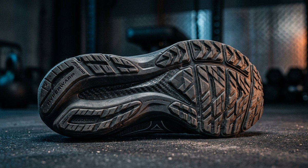 Close-up of the Mizuno Hyperwarp shoe sole texture and carbon-infused geometry shown under dramatic moody lighting to highlight material engineering.