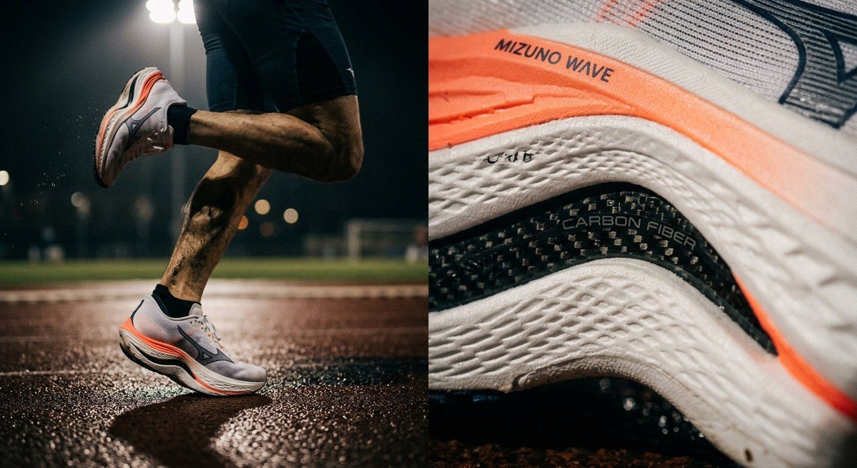 Close-up of the Mizuno Wave Rebellion Pro 4 midsole showing the intricate texture and carbon-infused plate detailing under cinematic lighting.