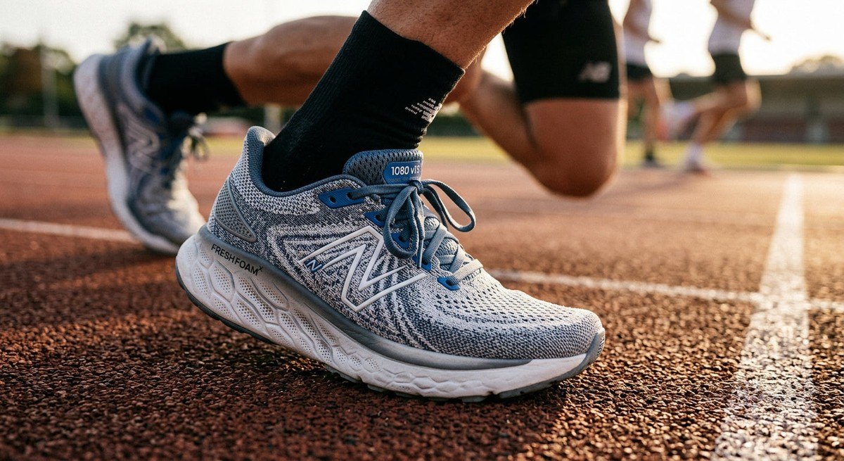 Close-up of the New Balance 1080 v16 athletic trainer showing the intricate texture of the engineered knit upper and foam midsole.