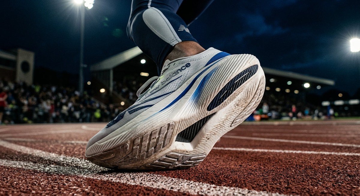 Close-up of the New Balance FuelCell SC Elite v5 midsole texture and carbon plate geometry under stadium lighting.