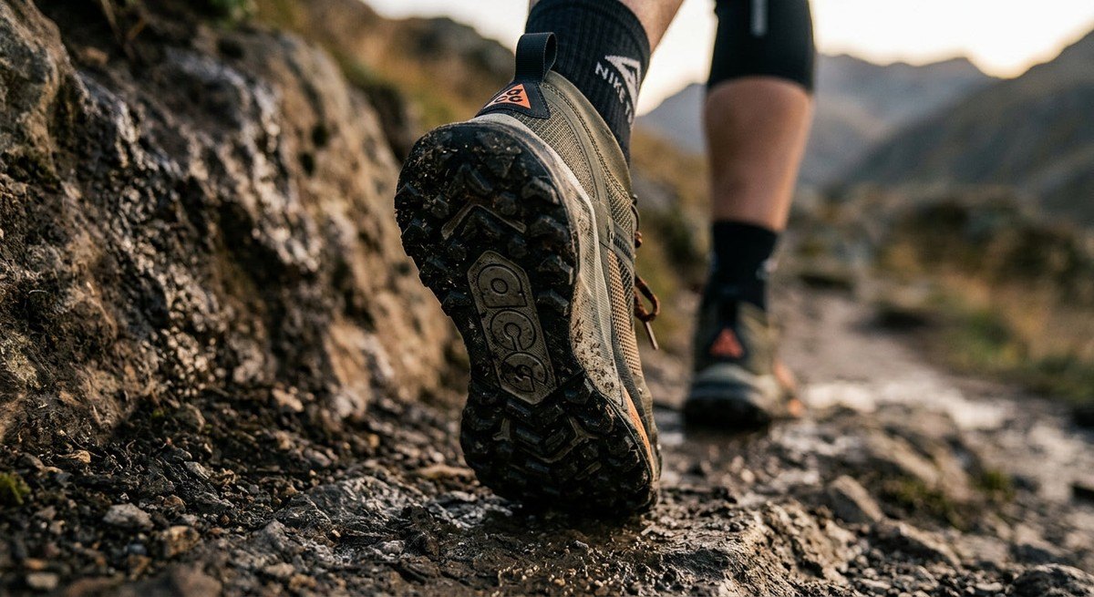 Close-up of the Nike ACG Zegama outsole showing the deep, aggressive lug geometry and high-traction rubber texture.