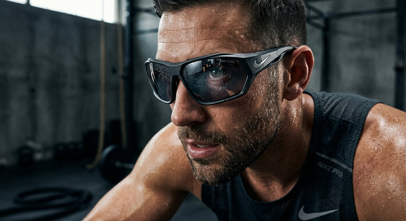 Close-up of the Nike Vision Prima Arc sunglasses highlighting the advanced frame geometry and lens texture in a moody, high-contrast studio setting.
