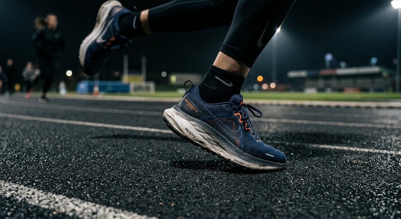 Close up of the Nike Vomero Plus Distance thick midsole foam on a dark track with sharp contrast