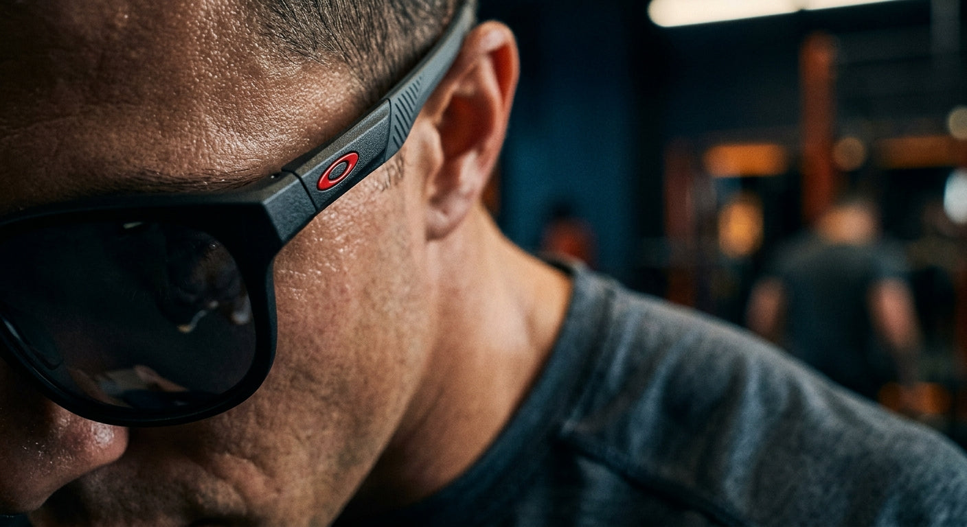 Close-up of the Oakley Sphaera Strike frame highlighting the O-Matter material texture and Unobtainium grip points in moody lighting.