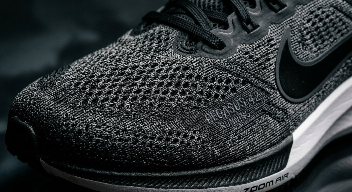 Close-up of the Pegasus 42 engineered mesh upper texture, highlighting the technical weave and performance-focused material science under dramatic studio lighting.