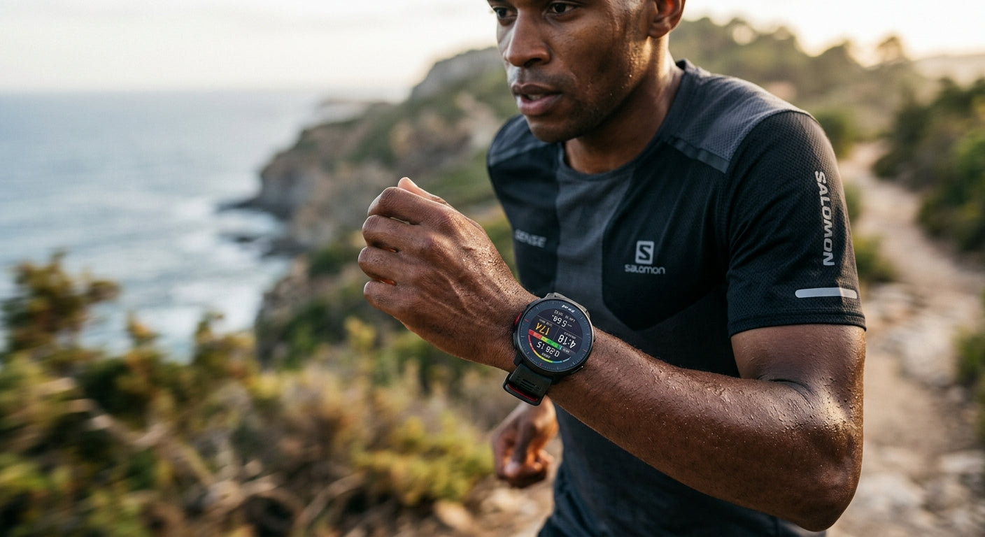 Close-up of the Polar Vantage V4 interface displaying detailed heart rate and GPS metrics during a high-speed athletic session.