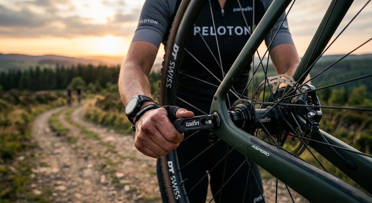 Close-up of the precision-machined Tailfin quick-release axle mount attached to a rear wheel hub, showcasing high-end metallic texture and sharp focus.