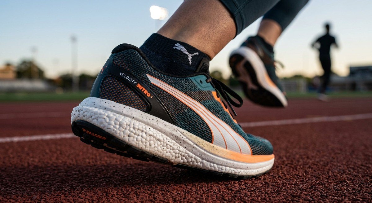 Close-up of the Puma Velocity Nitro 4 showing the texture of the nitrogen-infused foam and engineered mesh upper.