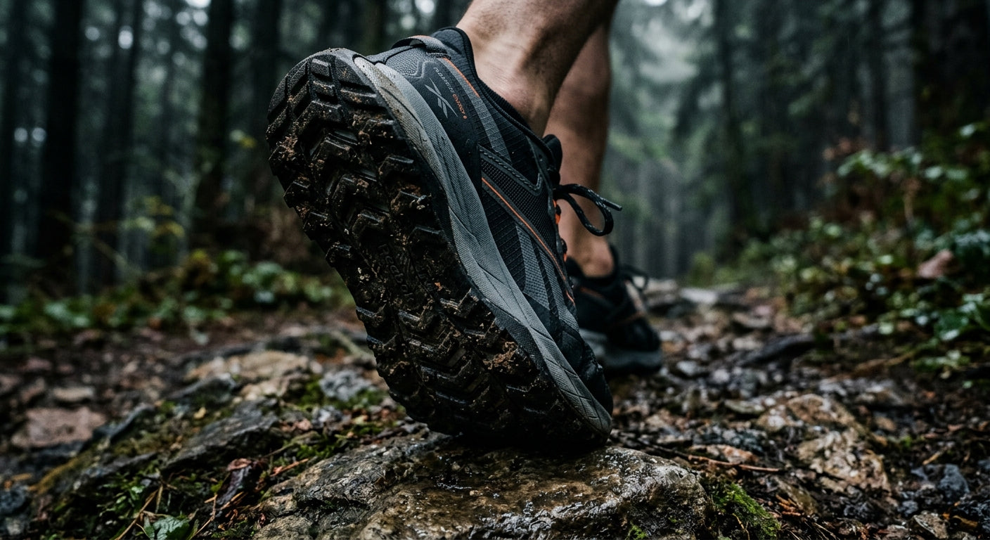 Close-up of the Reebok Floatride Energy 6 Adventure outsole showing aggressive lug geometry and durable rubber textures in a moody outdoor setting.