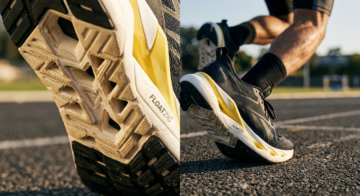 Close-up of the Reebok FloatZig Double midsole showing the intricate geometric foam texture and sharp industrial design.