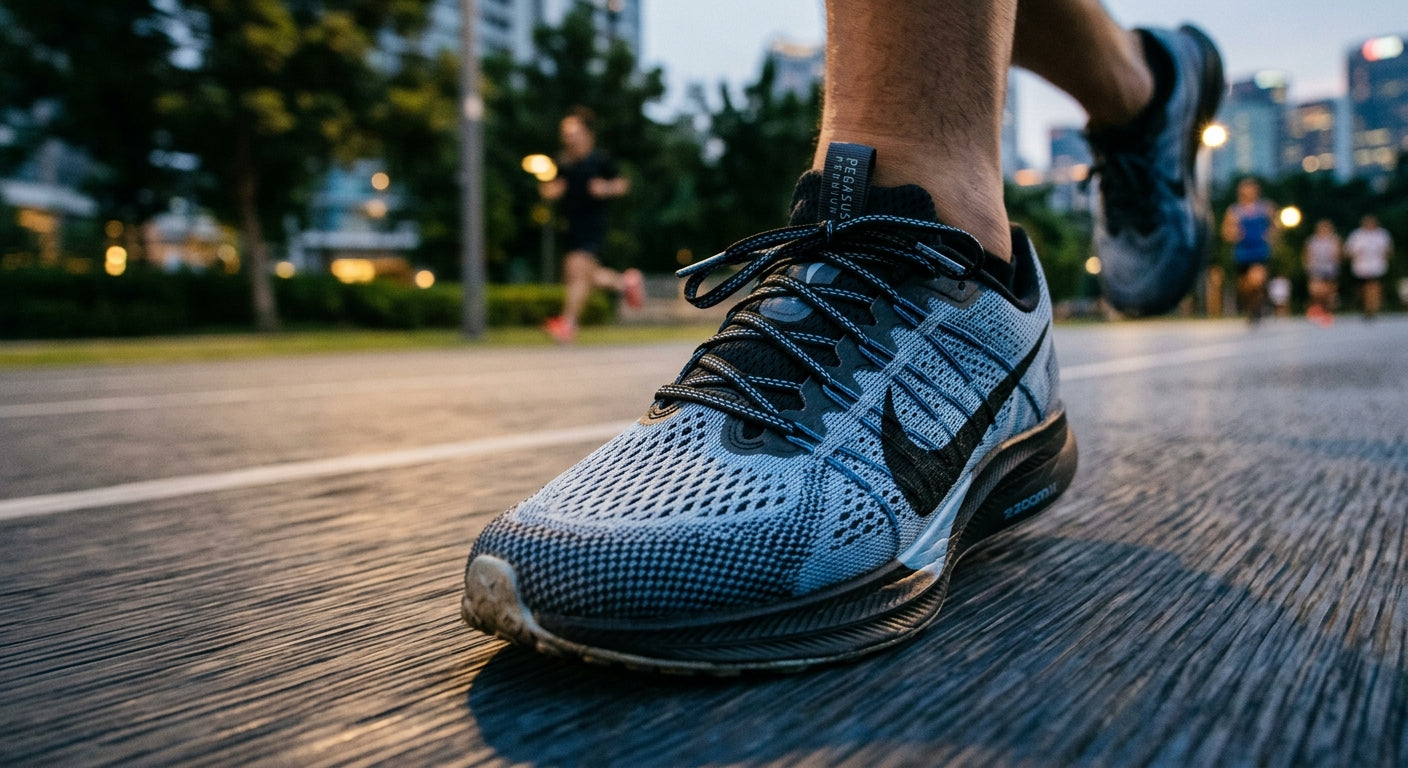 Close-up of the technical engineered mesh texture and advanced lacing system of the Nike Pegasus Premium 2.0 with a motion blur background.