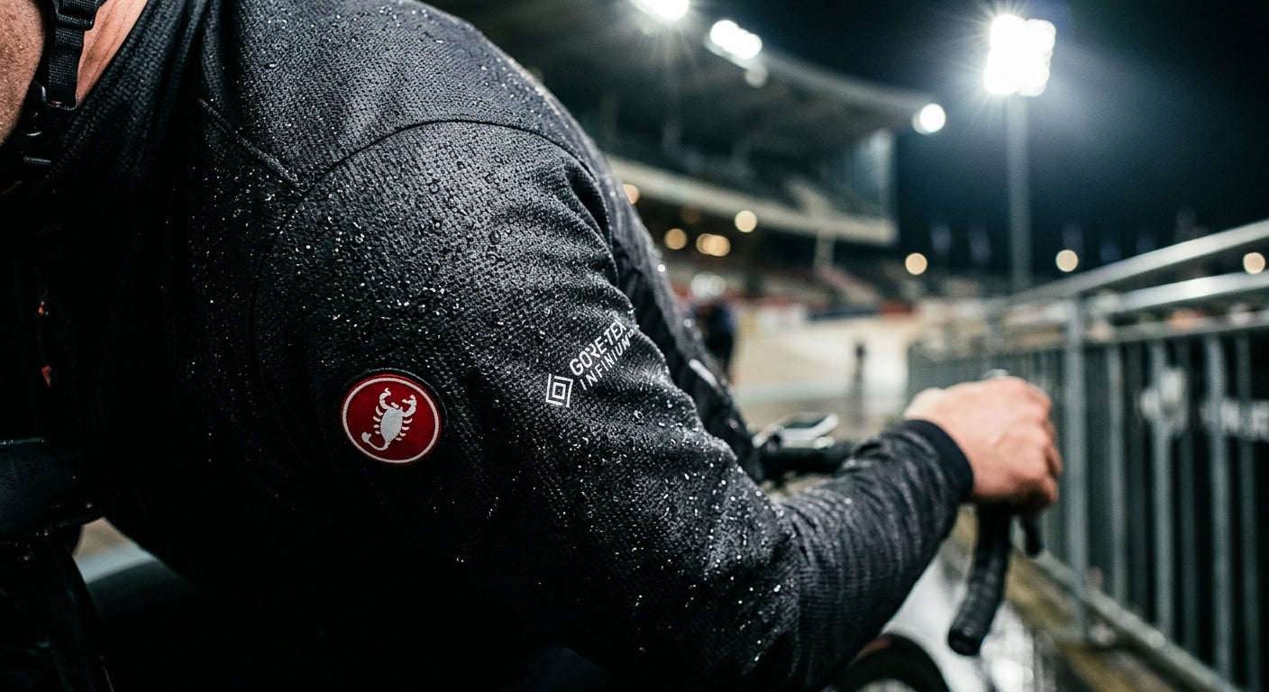 Close-up of the technical GORE-TEX INFINIUM fabric texture on the Castelli Perfetto RoS 2, highlighting moisture-beading properties under cinematic stadium-style lighting.