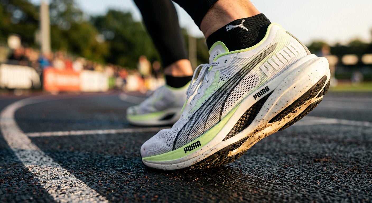 Close-up of the technical mesh and carbon fibre plate details of the Puma Deviate NITRO Elite 4 showing realistic material textures.