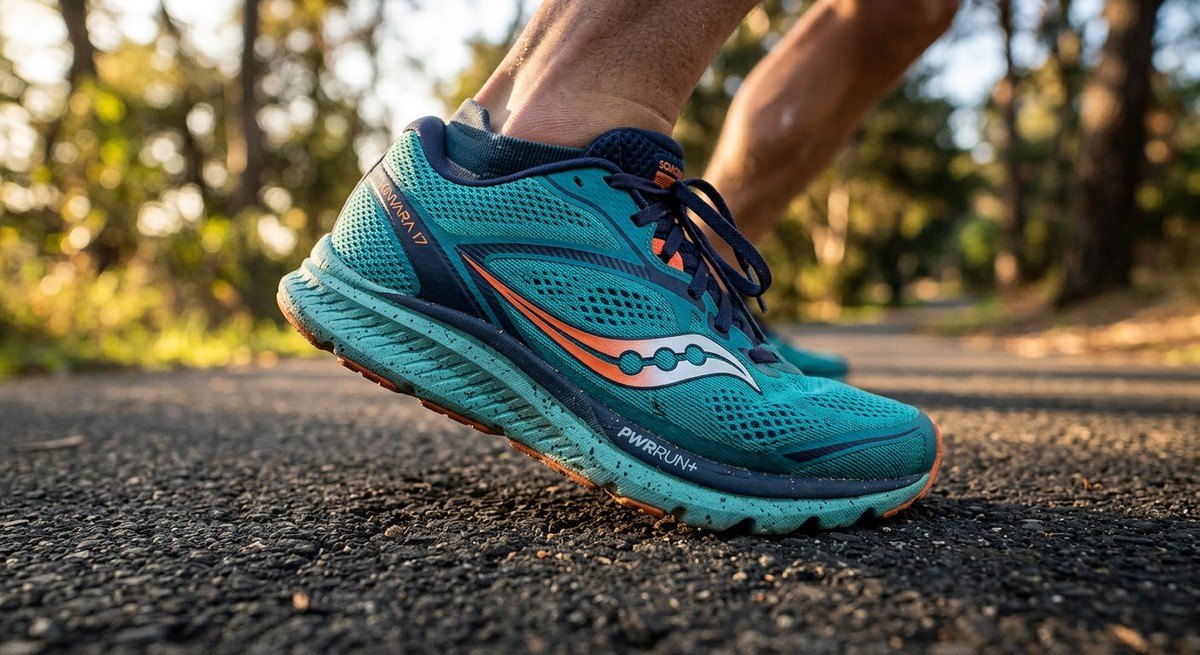 Close-up of the technical mesh upper and midsole texture of the Saucony Kinvara 17, capturing high-performance material details.