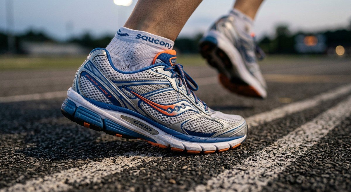 Close-up of the technical mesh upper and reactive foam midsole of the Saucony ProGrid Guide 7, highlighting material textures and design precision.