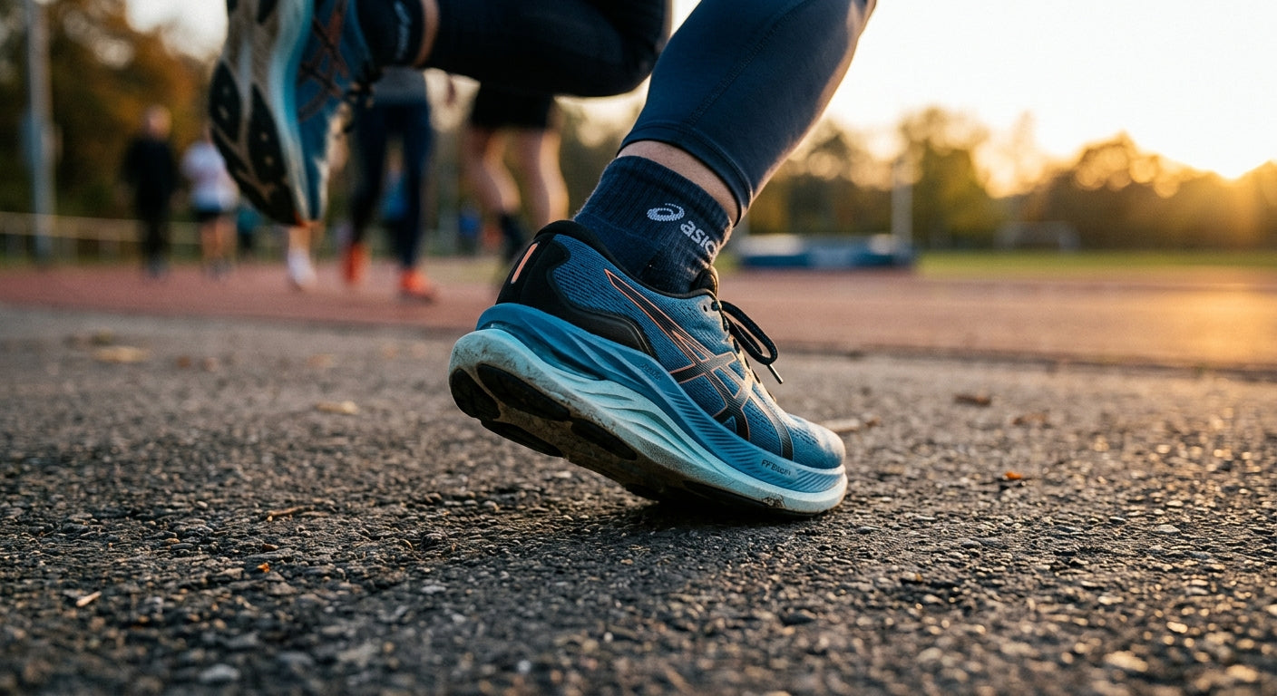Close-up of the technical midsole geometry and foam texture of the ASICS Glideride Max 3 during a training run.
