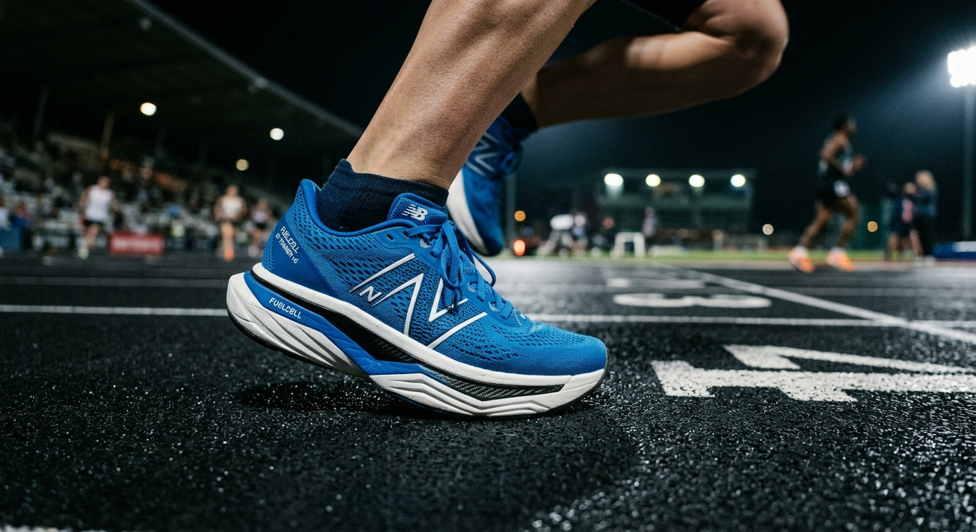 Close-up of the textured, engineered mesh upper and complex midsole geometry of the FuelCell SC Trainer v5, illuminated by moody, sharp stadium lighting.
