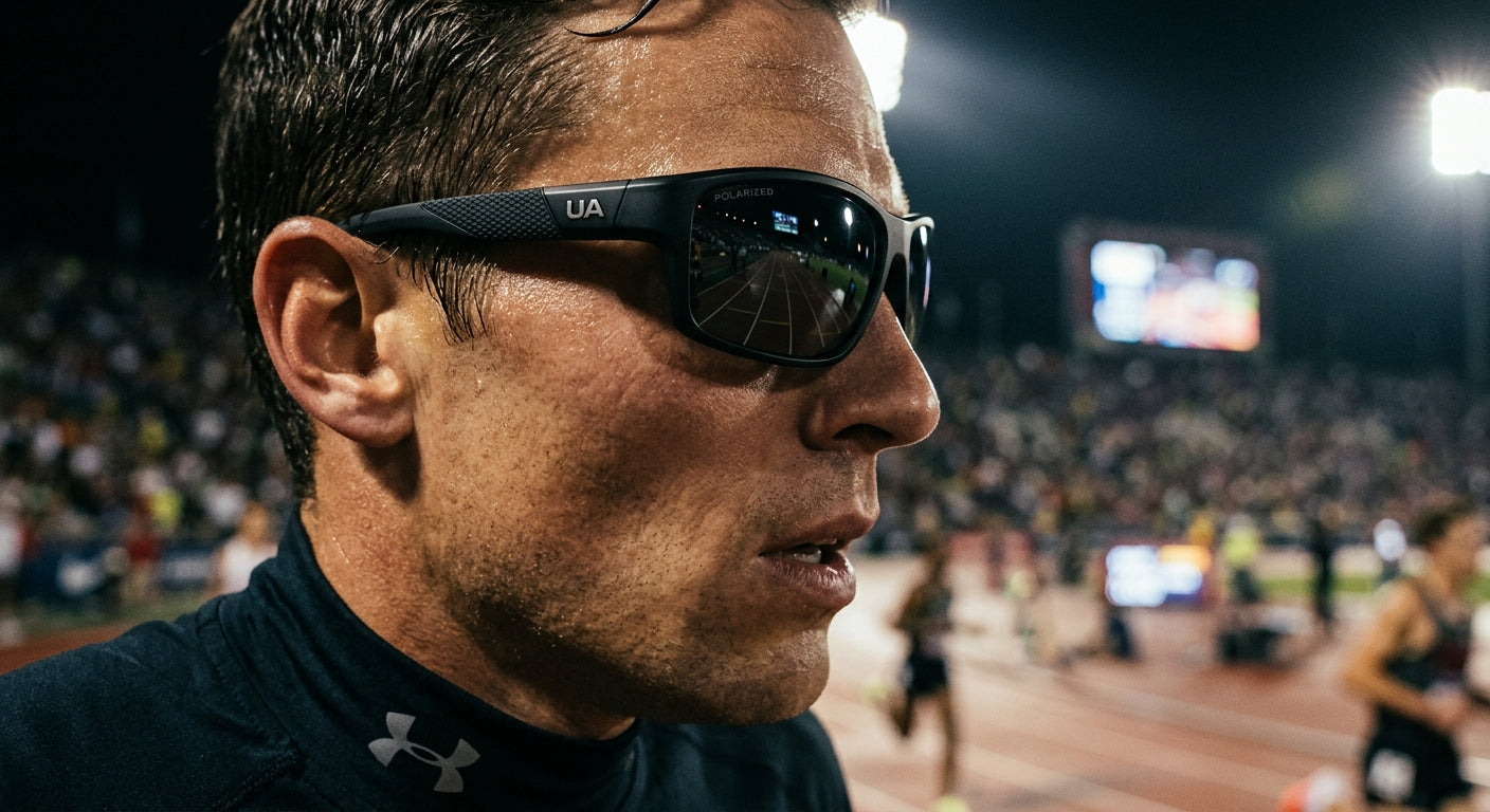 Close-up of the Under Armour UA Sportate Polarized frame showing the textured rubber grip and premium lens finish under dramatic stadium lighting.