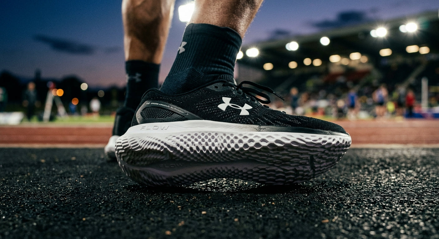 Close-up of the Under Armour Velociti SPD midsole showing the intricate Flow foam structure and technical geometry under cinematic stadium lighting.