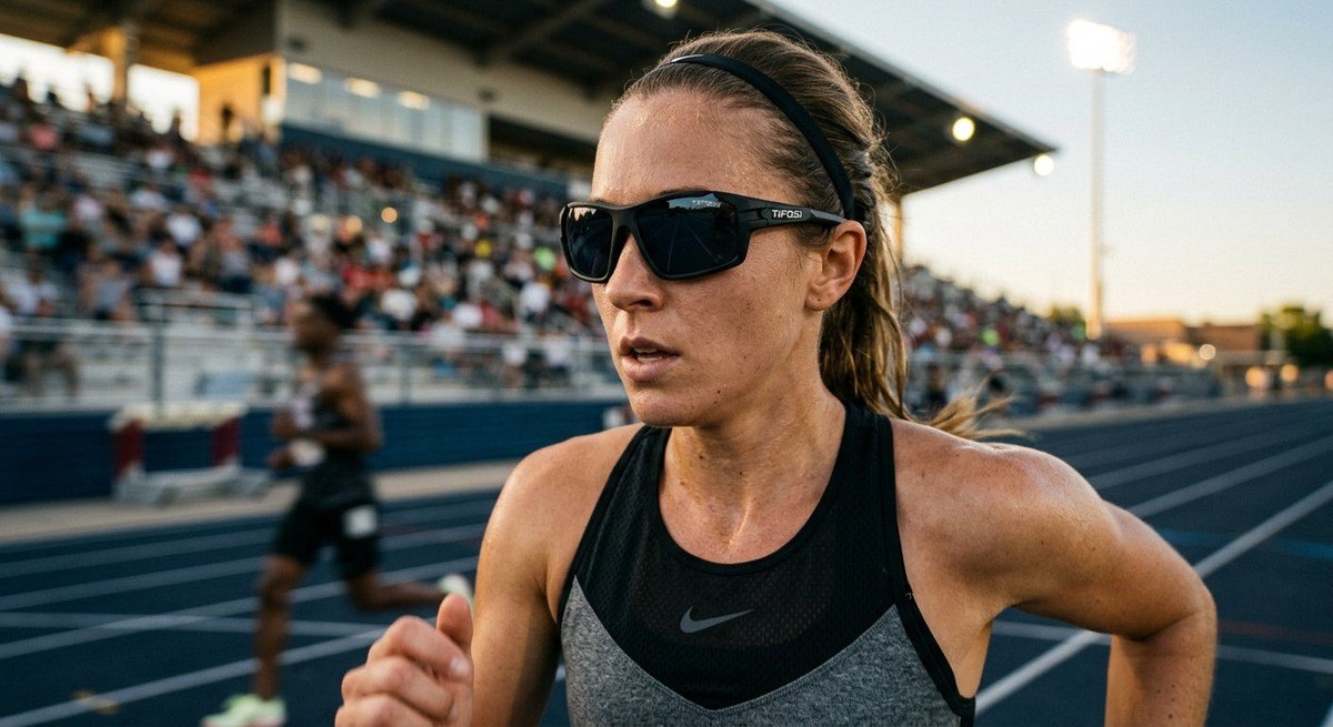 Close-up of Tifosi Moab eyewear featuring a sharp, aggressive frame design with realistic texture and motion blur in a stadium setting.