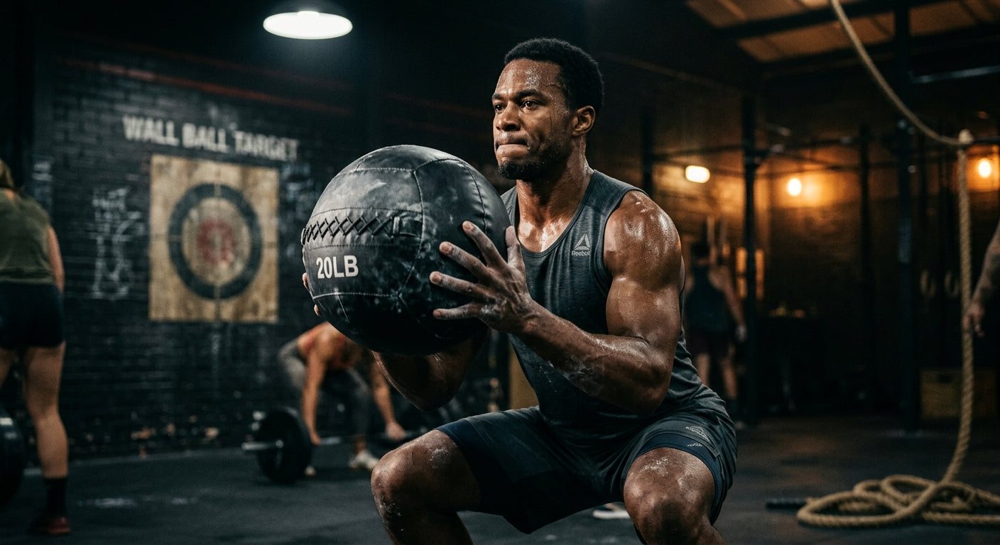 Close-up shot of a focused athlete catching a heavy wall ball with perfect form, highlighting the intense textures and moody stadium lighting.