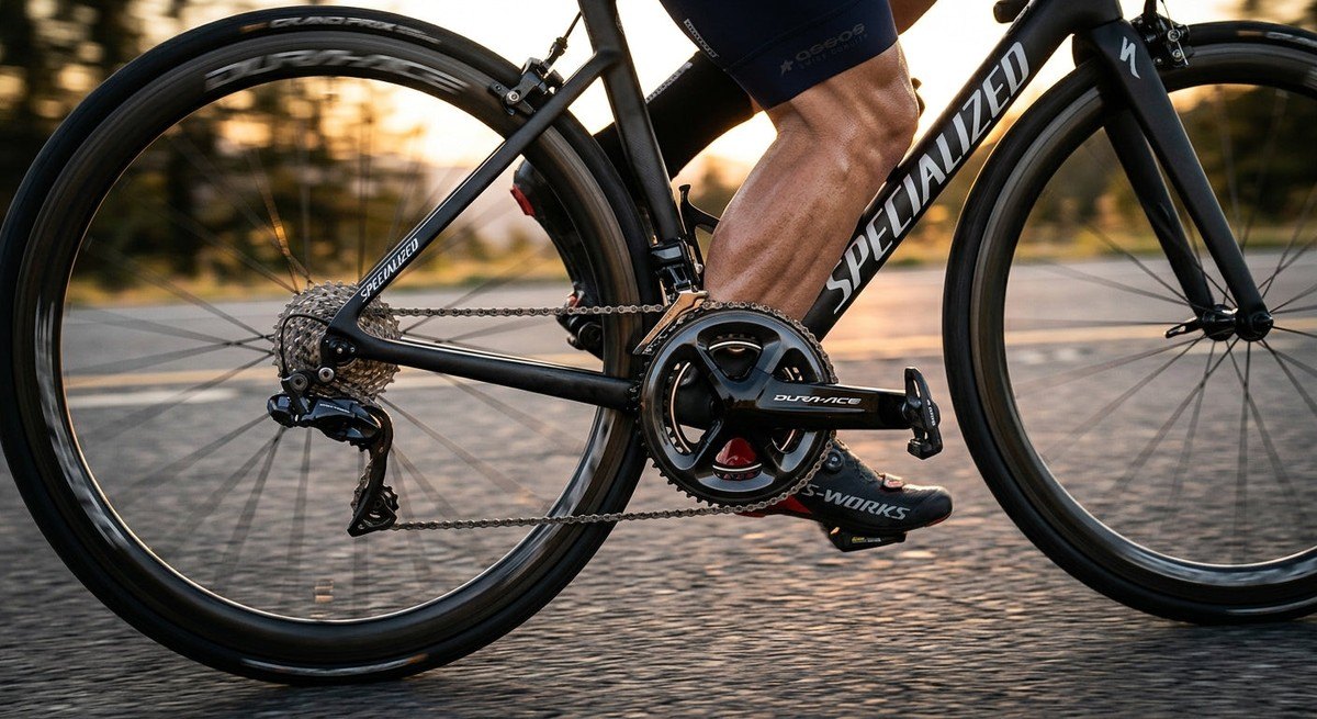 Close-up shot of a racing bicycle drivetrain with motion blur, capturing the intensity of a high-speed training effort.