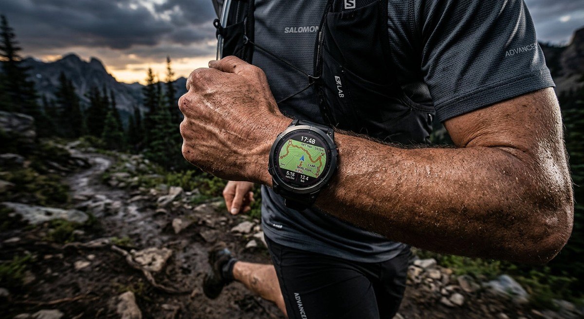 Close-up shot of a rugged smartwatch display showing topographical maps during a trail run, with dramatic stadium-style lighting and sharp textures.
