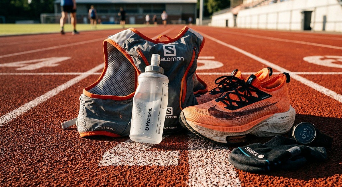 Close-up shot of a runner's athletic gear and hydration kit on a track with sharp textures and high-contrast sunlight.