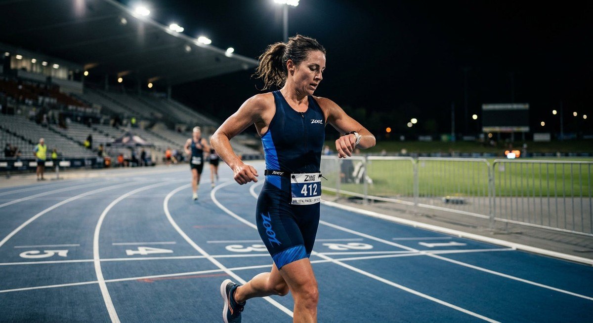 Close-up shot of a triathlete checking a smartwatch during a high-intensity interval run on a stadium track at night.