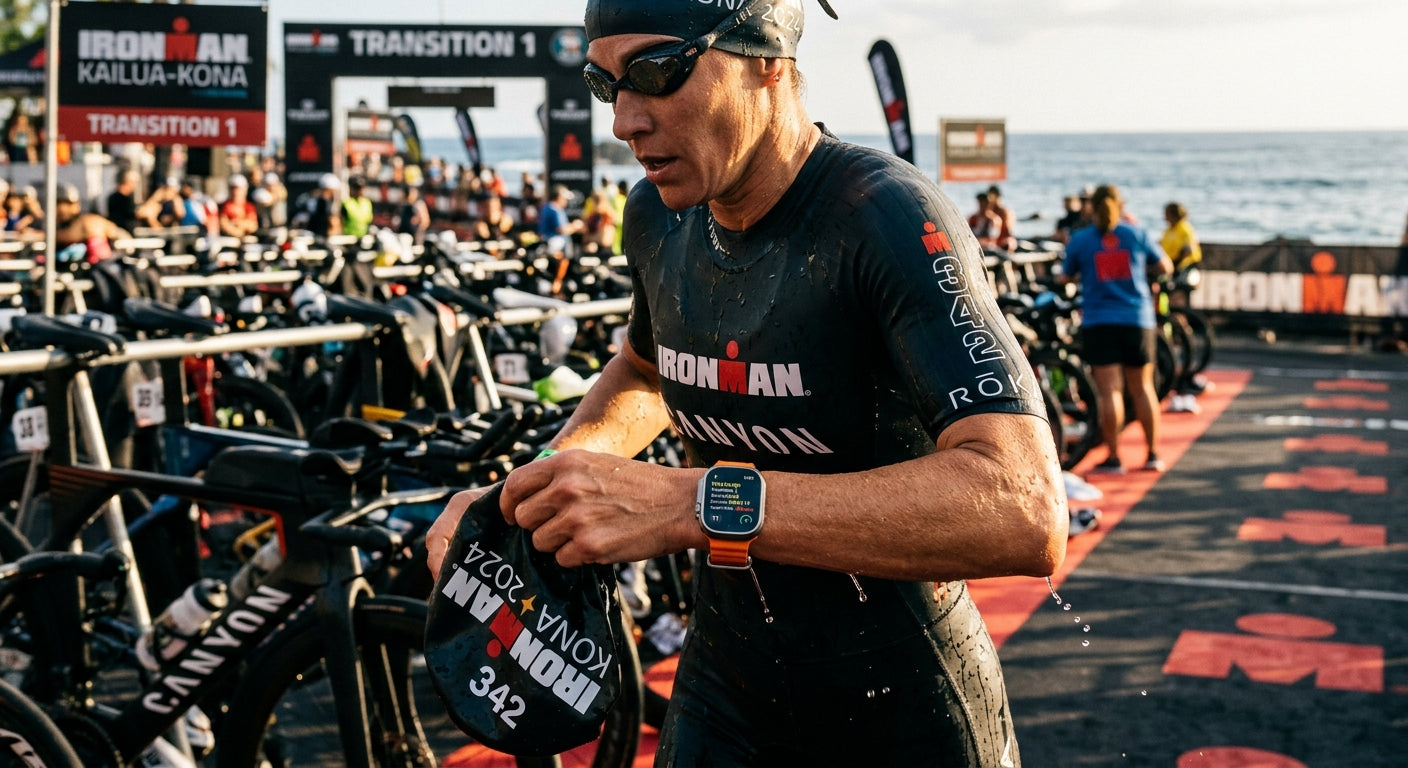 Close-up shot of an Apple Watch Ultra 3 on a swimmer's wrist during a transition at a professional triathlon event.
