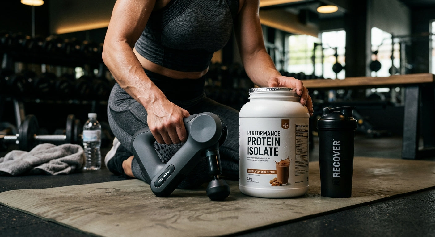 Close-up shot of athletic recovery tools including a massage gun and protein supplement with sharp, realistic textures.