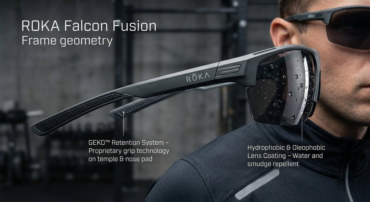 Close-up technical detail of the ROKA Falcon Fusion frame geometry, highlighting the Geko retention system and hydrophobic lens coating in a studio environment.