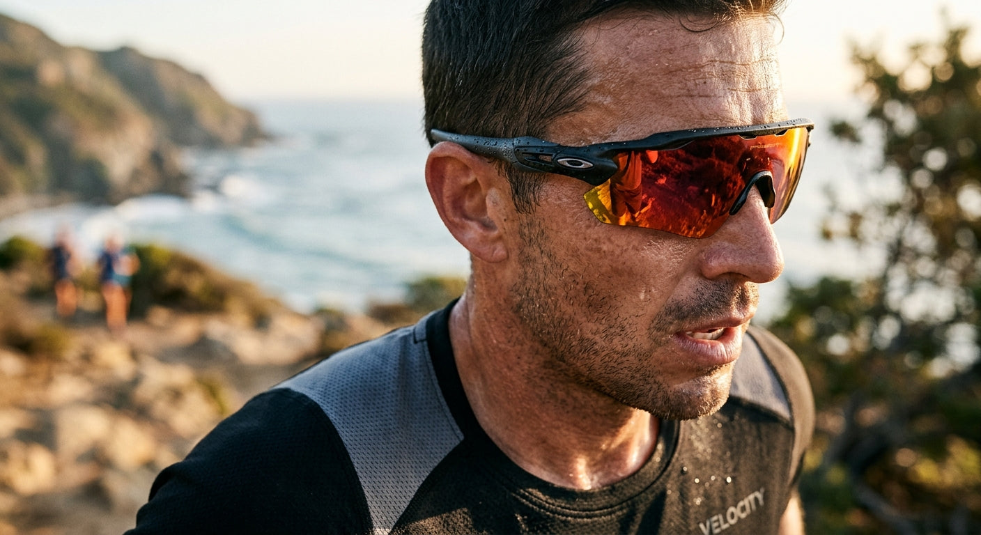 Close-up technical shot of premium sunglasses highlighting the frame texture and lens coating quality.